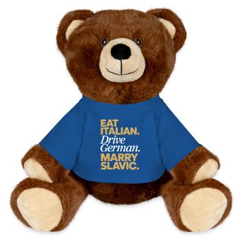 Eat Italian Drive German Marry Slavic Balkan Auto - MiniFeet® RecycelBär® Braun - Königsblau - Vorne