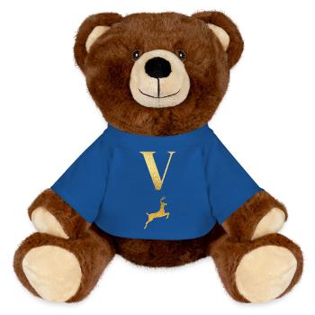 Buchstabe v goldener Hirsch - Geschenkidee - MiniFeet® RecycelBär® Braun - Königsblau - Vorne
