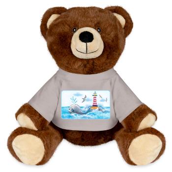 La baleine drôle au phare - Peint à la main - Nounours RecycelBär® marron - orange doré - Devant