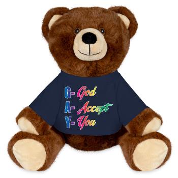 GAY God Accept You LGBTQ Christian Pride Art Tee - MiniFeet® RecycelBär® Teddy Bear Brown - french navy - Front