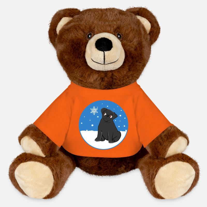 Schwarzer Mops im Schnee - MiniFeet® RecycelBär® Braun - Goldorange