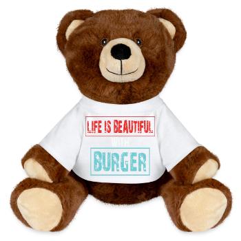 Lebensfreude mit Burger Spruch - MiniFeet® RecycelBär® Braun - Sonnengelb - Vorne