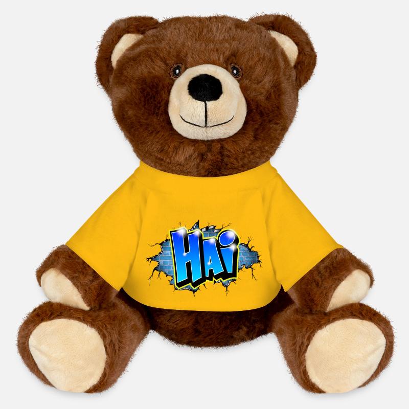 Graffiti HAI Blaue Ziegel Risse - MiniFeet® RecycelBär® Braun - Sonnengelb