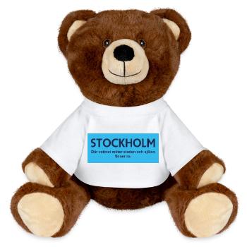 Stockholm Water and City Text Design - MiniFeet® RecycelBär® Teddy Bear Brown - sun yellow - Front