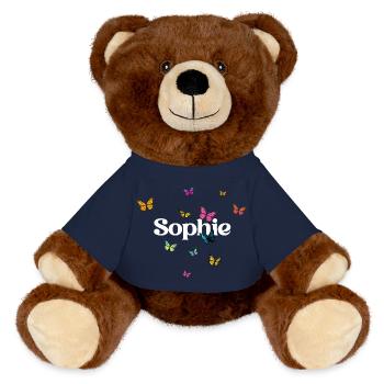 Papillons colorés autour du prénom Sophie - Nounours RecycelBär® marron - bleu marine - Devant