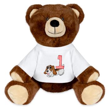 Zahl 1 Nummer Eins - Hund Motiv - MiniFeet® RecycelBär® Braun - Sonnengelb - Vorne