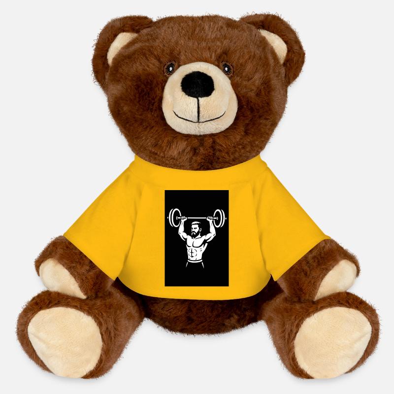 Powerful Dumbbell Illustration - MiniFeet® RecycelBär® Teddy Bear Brown - sun yellow