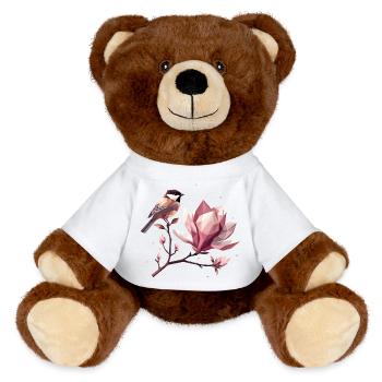 Oiseau sur branche de magnolia – Composition harmonique - Nounours RecycelBär® marron - jaune soleil - Devant