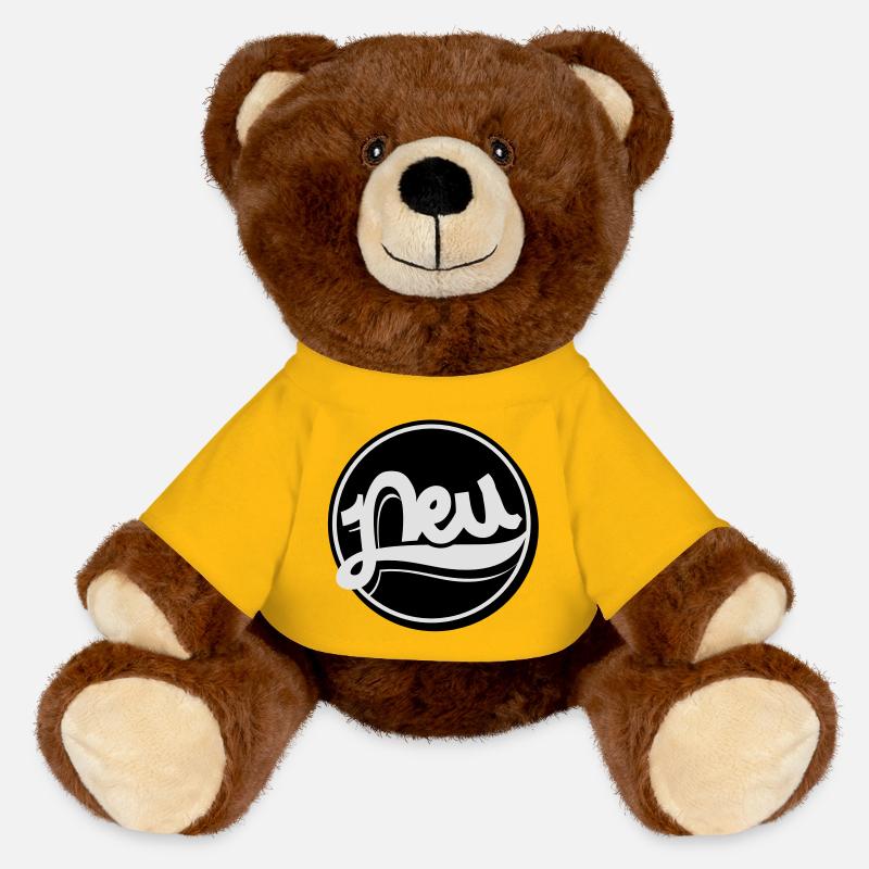 Neu Button, Störer, Neu, New - MiniFeet® RecycelBär® Braun - Sonnengelb