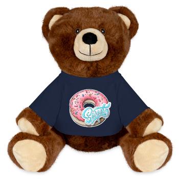 Rosa Streusel Donut mit süßem Etikett - MiniFeet® RecycelBär® Braun - French Navy - Vorne