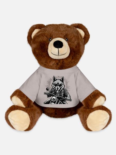 Wolf on Motorcycle Leather Jacket Graphic - MiniFeet® RecycelBär® Teddy Bear Brown - sun yellow
