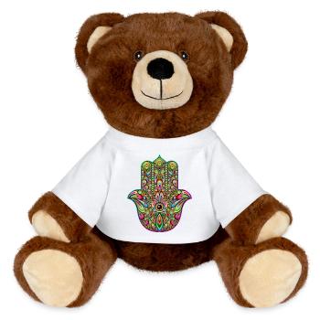 Hamsa Hand Trippy Psychedelic Art - MiniFeet® RecycelBär® Teddy Bear Brown - sun yellow - Front