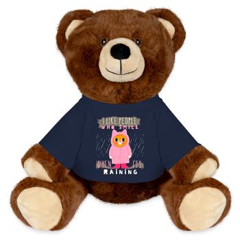 Katze im Regen, Regenmantel, Gummistiefel, Spruch - MiniFeet® RecycelBär® Braun - French Navy - Vorne