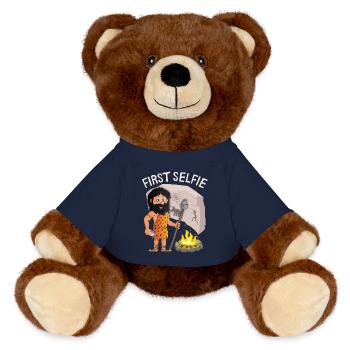 Lustiger Neandertaler, First-Selfie, Spruch, Pun - MiniFeet® RecycelBär® Braun - French Navy - Vorne