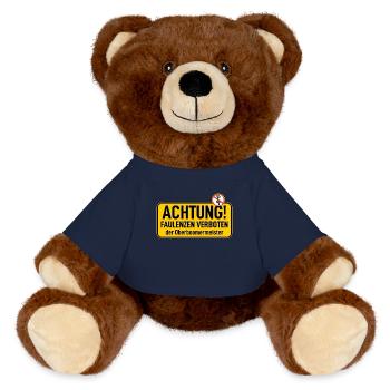 Sign: Attention laziness and lounging prohibited - MiniFeet® RecycelBär® Teddy Bear Brown - french navy - Front