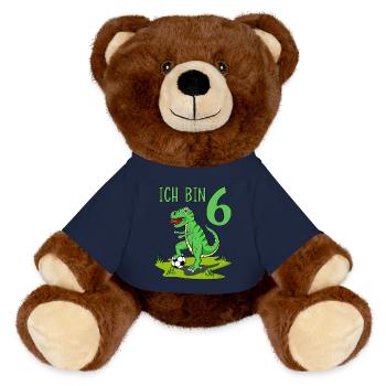 Dinosaurier Rex Fußball 6 Geburtstag - MiniFeet® RecycelBär® Braun - French Navy - Vorne