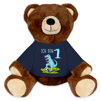 Dinosaurier Rex Fußball 1 Geburtstag Blau - MiniFeet® RecycelBär® Braun - French Navy - Vorne