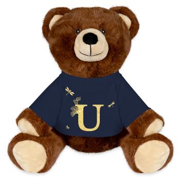 Lettre u paillettes doré libellule - idée cadeau - Nounours RecycelBär® marron - bleu marine - Devant
