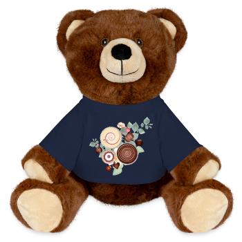 Edles Pralinen Motiv zwischen zartem Blattwerk - MiniFeet® RecycelBär® Braun - French Navy - Vorne