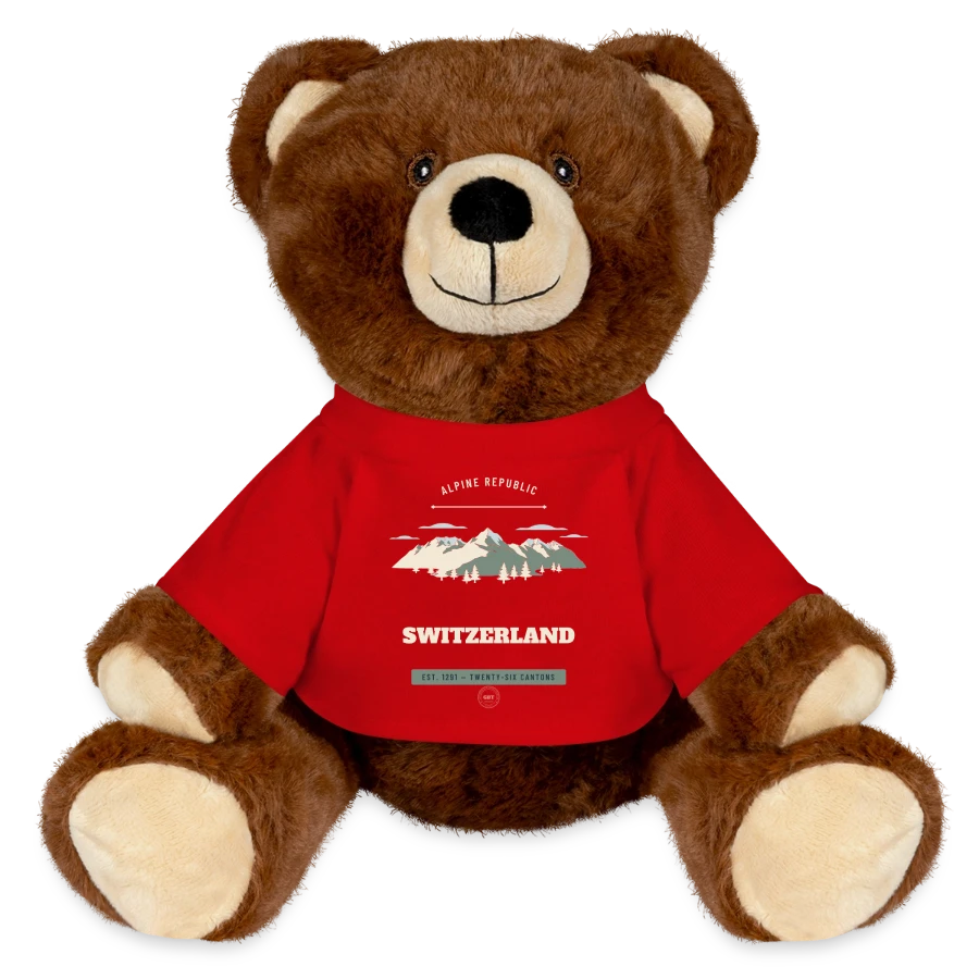 Switzerland badge on a minifeet® recycelbär® teddy bear brown, red