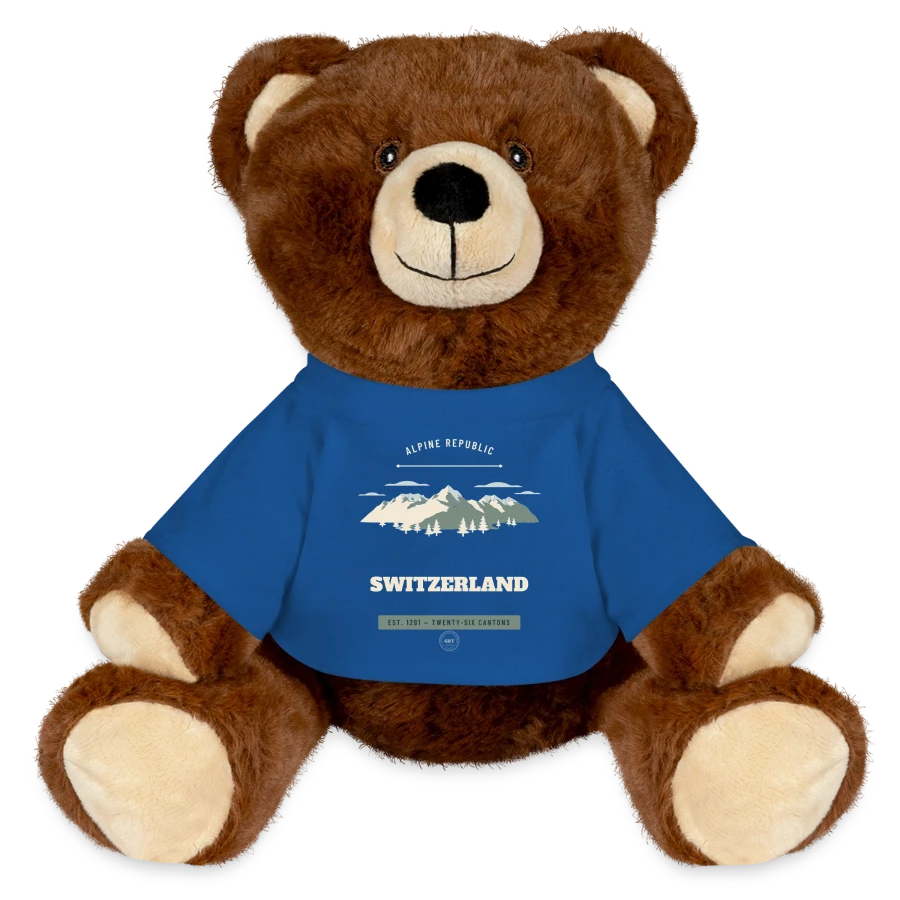 Switzerland badge on a minifeet® recycelbär® teddy bear brown, royal blue