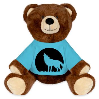 Howling Wolf At Full Moon (1C) - MiniFeet® RecycelBär® Teddy Bear Brown - atoll blue - Front