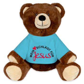MY HEART BEATS FOR JESUS - MiniFeet® RecycelBär® Teddy Bear Brown - atoll blue - Front
