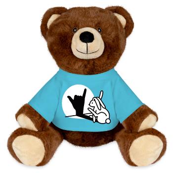 Kaninchen Hand Schatten Ruf Dich An! Handy Telefon - MiniFeet® RecycelBär® Braun - Atollblau - Vorne