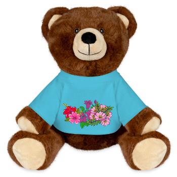 Rosa Wildblumenstrauß - MiniFeet® RecycelBär® Braun - Atollblau - Vorne