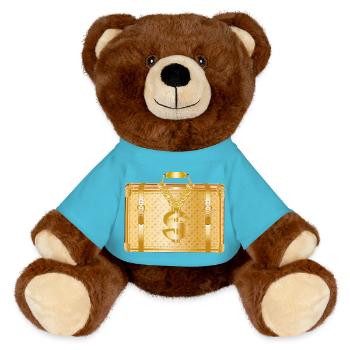 Goldener Luxus-Koffer mit Dollarzeichen - MiniFeet® RecycelBär® Braun - Atollblau - Vorne