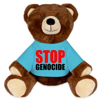 Stop genocide - MiniFeet® RecycelBär® Teddy Bear Brown - atoll blue - Front