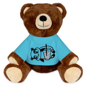 Panda laying down with a Bubble Tea - MiniFeet® RecycelBär® Teddy Bear Brown - atoll blue - Front