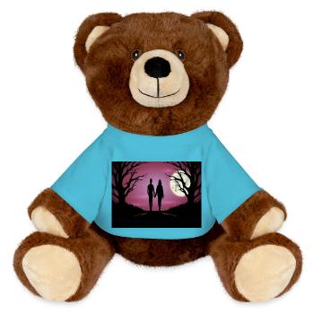 Loving couple walking on a full moon night Sticker - MiniFeet® RecycelBär® Teddy Bear Brown - atoll blue - Front