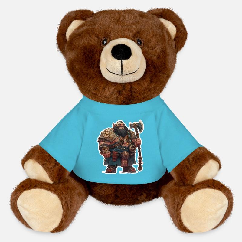 Fat dwarf warrior with a big axe - MiniFeet® RecycelBär® Teddy Bear Brown - atoll blue