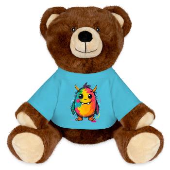 Bunte Monsterkunst - Niedlicher & verspielter Charakter - MiniFeet® RecycelBär® Braun - Atollblau - Vorne