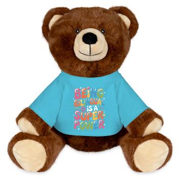 Fremdsprache Sprüche Lustige Fremdsprache Geschenk - MiniFeet® RecycelBär® Braun - Atollblau - Vorne