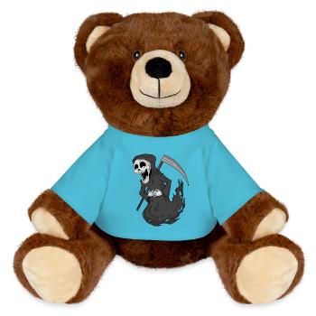 Sensenmann lacht lustig - MiniFeet® RecycelBär® Braun - Atollblau - Vorne
