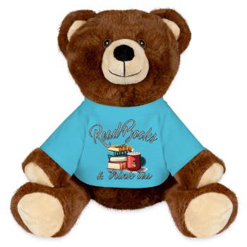 Bibliophiles Vergnügen: Tee trinken und Bücher les - MiniFeet® RecycelBär® Braun - Atollblau - Vorne