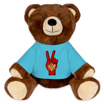 Montenegro Frieden Victory Symbol - MiniFeet® RecycelBär® Braun - Atollblau - Vorne