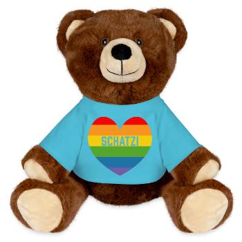 Regenbogenherz Schatzi LGBT lgbtqi queer - MiniFeet® RecycelBär® Teddy Bear Brown - atoll blue - Front