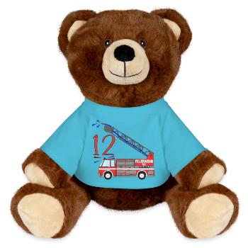 Fire engine 12th birthday - MiniFeet® RecycelBär® Teddy Bear Brown - atoll blue - Front