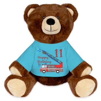 Fire engine Happy Birthday 11 - MiniFeet® RecycelBär® Teddy Bear Brown - atoll blue - Front