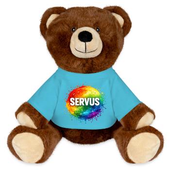 Colourful explosion SERVUS - MiniFeet® RecycelBär® Teddy Bear Brown - atoll blue - Front