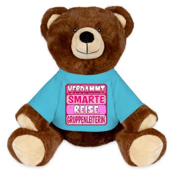 VERDAMMT SMARTE REISE GRUPPENLEITERIN SPRÜCHE - MiniFeet® RecycelBär® Braun - Atollblau - Vorne