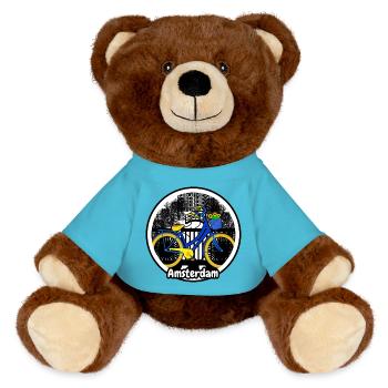 Motif de vacances d’Amsterdam avec un vélo sur le pont - Nounours RecycelBär® marron - bleu outremer - Devant