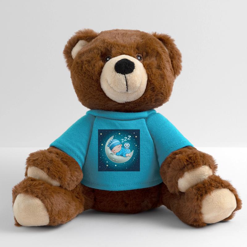 Schlafender Junge auf dem Mond mit einer Eule. MiniFeet® RecycelBär® Braun