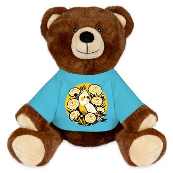 Sonnenbeschienener Nymphensittich in Ringelblumen - MiniFeet® RecycelBär® Braun - Atollblau - Vorne