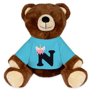 Unicorn Letter Rainbow Style "N" | be unique - MiniFeet® RecycelBär® Teddy Bear Brown - atoll blue - Front