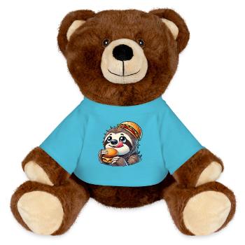 Cute Sloth Burger Cartoon Fast Food - MiniFeet® RecycelBär® Teddy Bear Brown - atoll blue - Front