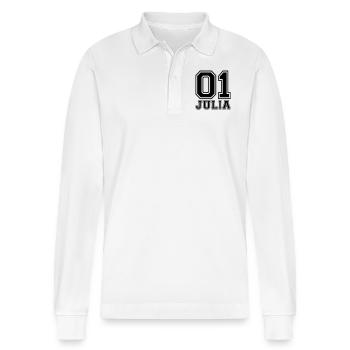 Julia - Name - Stanley/Stella Unisex Bio-Langarm-Poloshirt Prepster - Weiß - Vorne - Anna (173cm) & Nico (186cm)